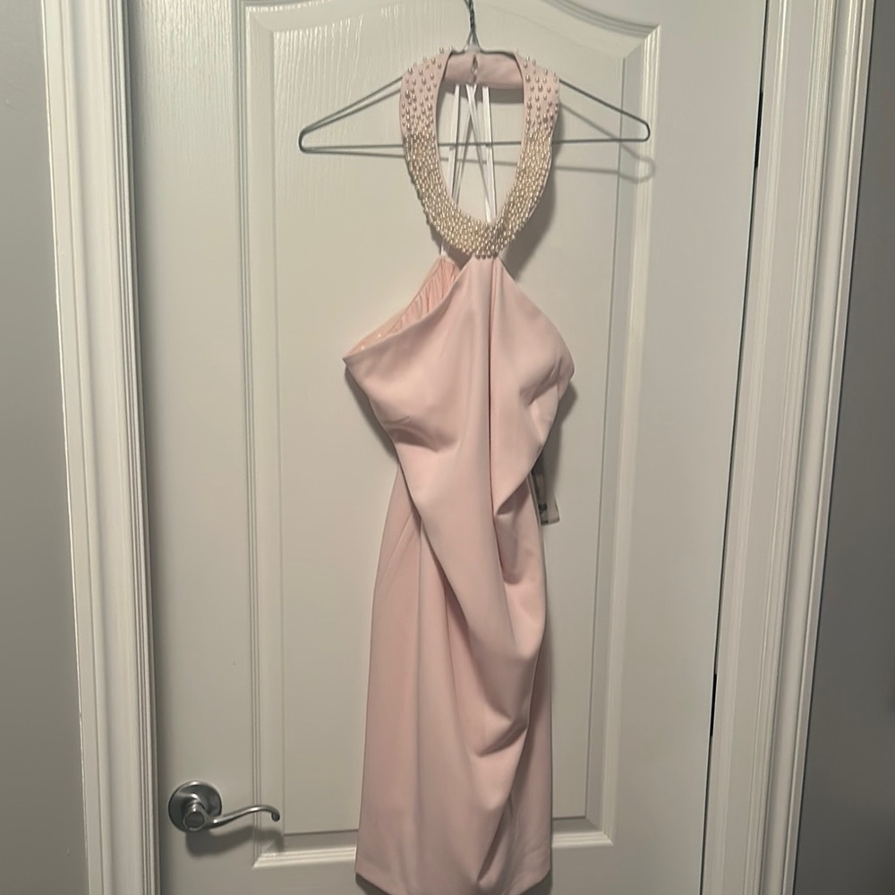 Karl Lagerfeld Pale Pink One-Shoulder Halter Dress with Beaded Neck